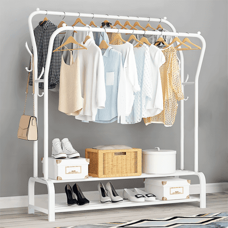BAOKALER Space Saving Clothes Rack Freestanding Clothing Storage with 6 Hooks  White