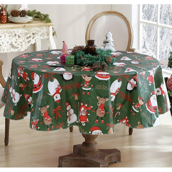 Newbridge Christmas Holiday Critters Whimsical 70 inch Round Flannel Backed Vinyl Tablecloth