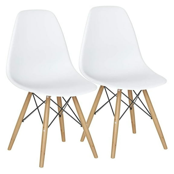 Dining Chairs Set of 2 White, Pre Assembled Century with Wood Legs, Armless Kitchen Chairs, Plastic Dining Side Chair for Dining Room, Kitchen, Living Room