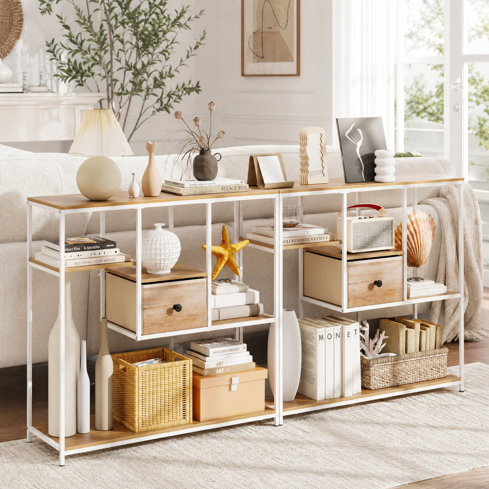 Furnibear 40 Inch Console Table Behind Sofa Couch with Fabric Drawer and Staggered Storage Shelves for Living Room Entryway and Hallway, Natural