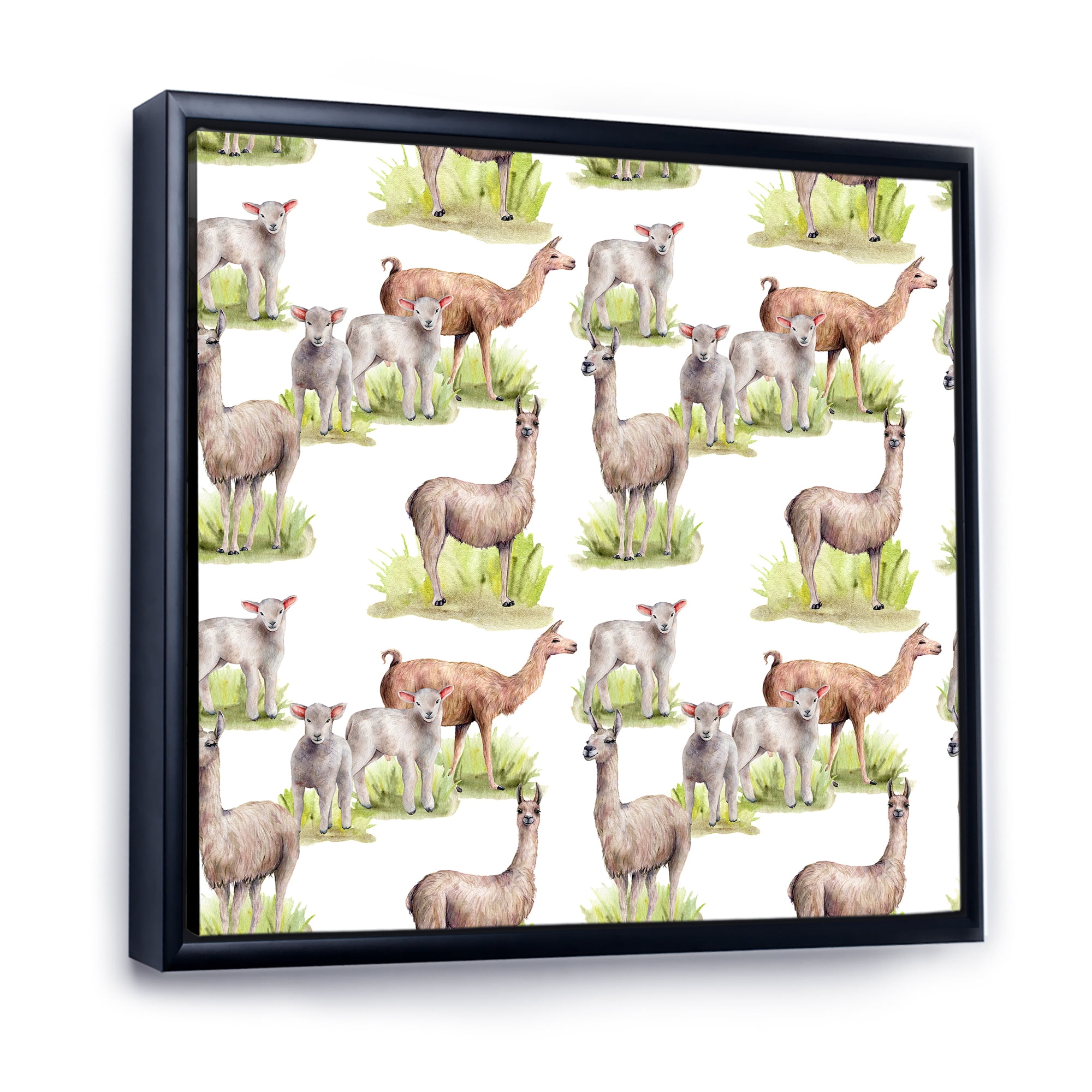 Lambs and Lamas On A Green Meadow 36 in x 36 in Framed Painting Canvas Art Print, by Designart