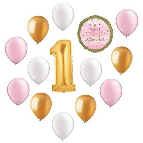 DalvayDelights Twinkle Twinkle Little Star Number ONE #1 1st Gold & Pink Girl Birthday Party 14 Mylar & Latex Balloons Set