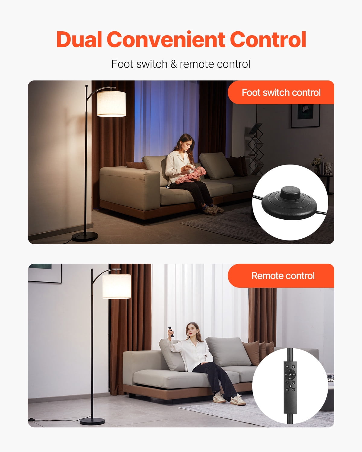 VEVOR Dimmable Floor Lamp, Color Temperature & Brightness Adjustable, Modern Standing Lamp with Remote Control, Foot Switch Floor Lamp for Living Room, Bedroom, Office(LED Bulb, Lampshade Included)