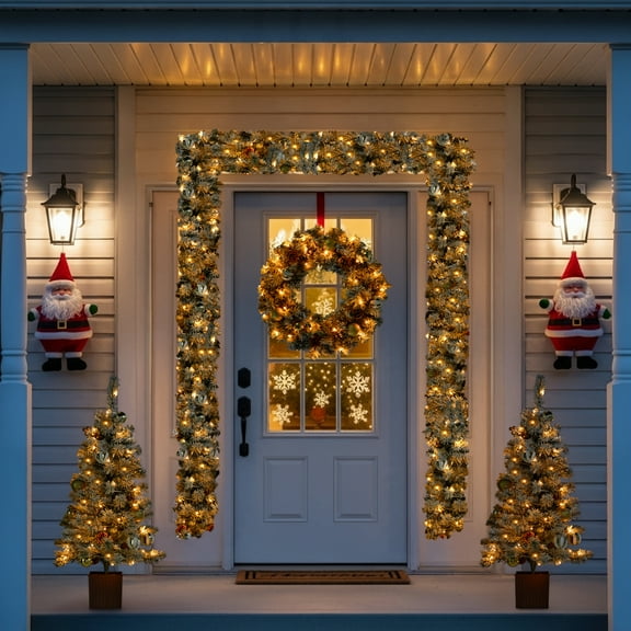 UBesGoo Pre-lit Christmas Tree with LED Lights Christmas Garlands,Wreath and Set of 2 Entrance Tree