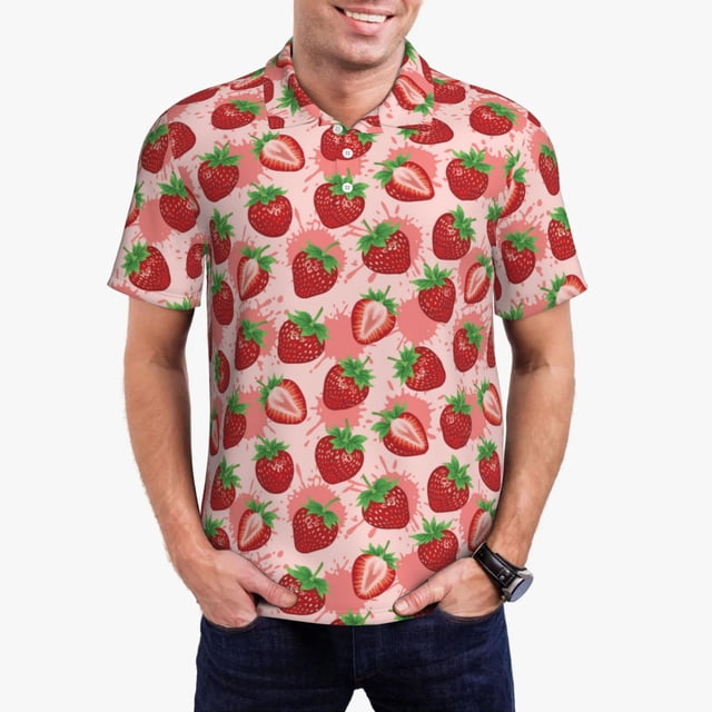 Balery Cute Strawberry Camisa Polo de Hombre con Estampado, de Manga Corta y Tejido Medio, Camisa Tipo Golf Polo-X-Large