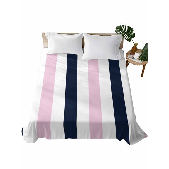 Pink Navy Blue Striped Flat Sheet Only Twin Size, Soft Breathable Bed Top Sheets for Mattress, Farmhouse Stripe Art Luxury Bedding Flat Sheets for Home Hotel Bedroom Bed Protection