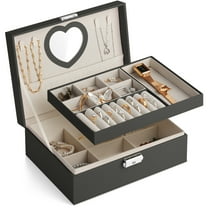Portable Jewelry Box with Mirror for Women Girls Double Layer Display Storage Organizer Earrings Ring Necklace Watches Bracelets(Black)
