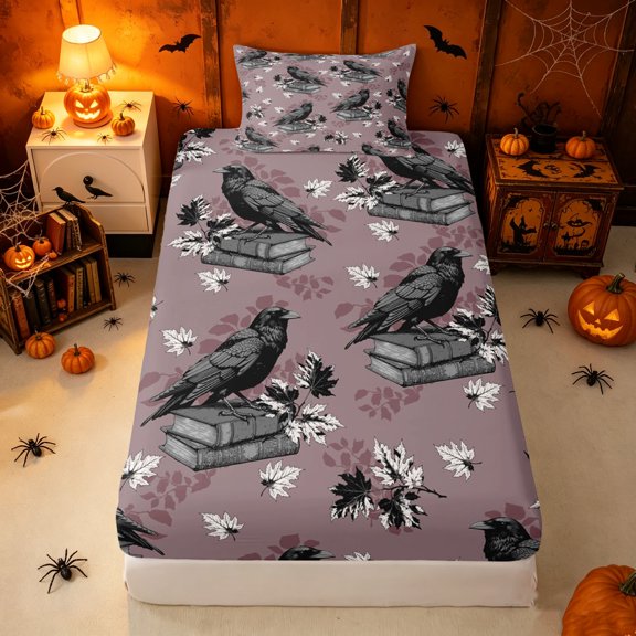 Erosebridal Raven Book Twin Fitted Sheet, Vintage Floral Bedding, Thistle Gray, 2pcs, 1 Fitted Sheet and 1 Pillowcase