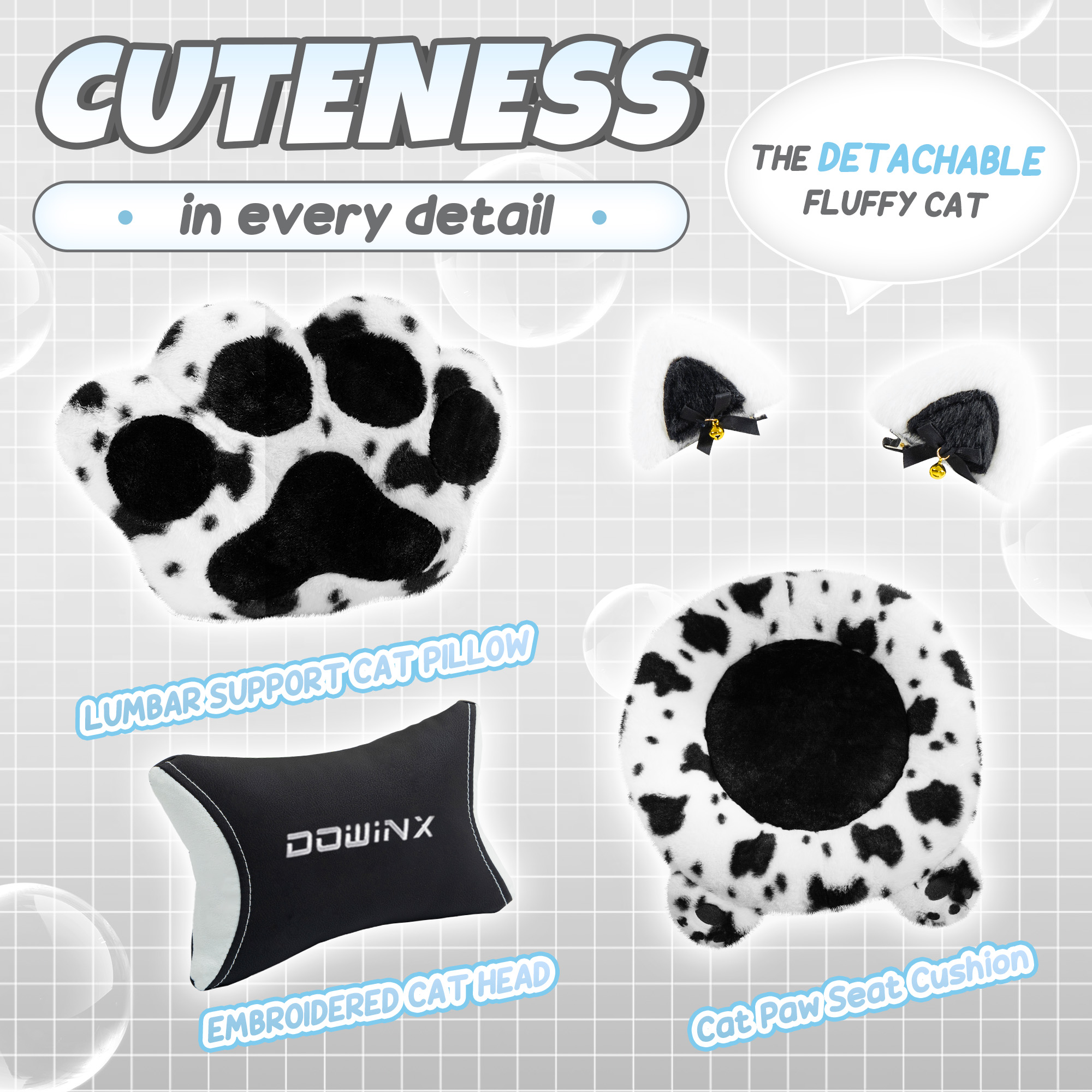 GOOSEA Cute Cat Ear Gaming Chair with Paw Print Lumbar Support and Cushion, Ergonomic Computer Desk Chair with Footrest, Reclining PC Game Chair for Girls and Women, 300lbs, Black and White