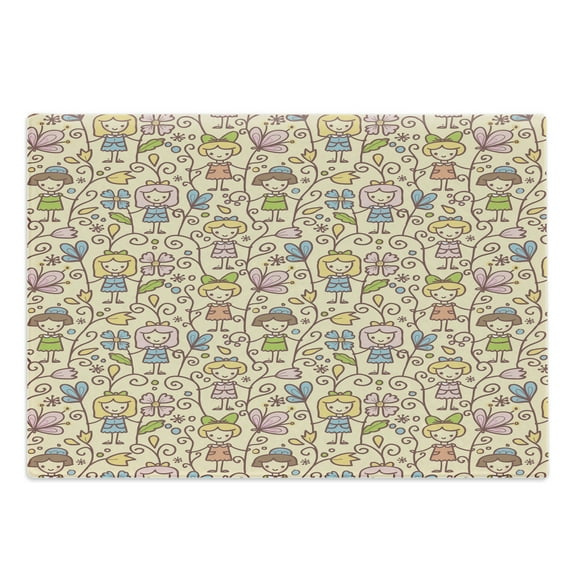 Nursery Cutting Board, Continuous Childish Pattern with Happy Girls and Garden Floral Swirls, Decorative Tempered Glass Cutting and Serving Board, in 3 Sizes, by Ambesonne