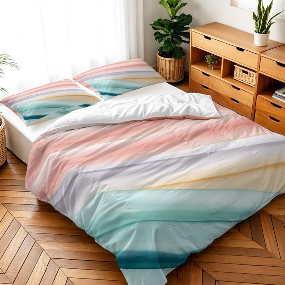 Queen Size 3 Pieces Duvet Cover Sets Fantasy Colorful Stripe Seamless Bedding Set,Microfiber Soft Comforter Cover with Pillow Shams,Luxury Quilt Covers for Bedroom Low Saturation Color Combination