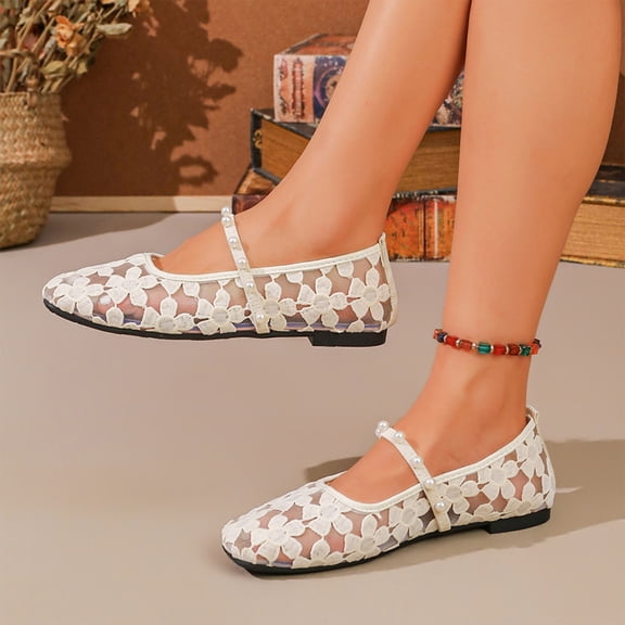 CHWshoes Square Toe Lace Ballet Crochet Flats Women Closed Toe Shoes Comfortable Dressy Walking Shoes,Beige Size 42