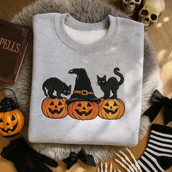 Black Cat Embroidered Pumpkin Fall, Autumn Spooky Season, Sweatshirt