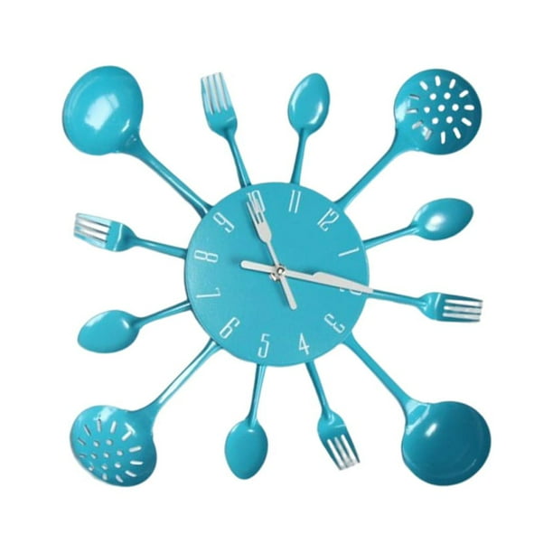 Cubiertos Cocina Injueey Reloj de pared 3D Cuchara extraíble Utensilios de cocina Adorno colgante Cuarzo Azul