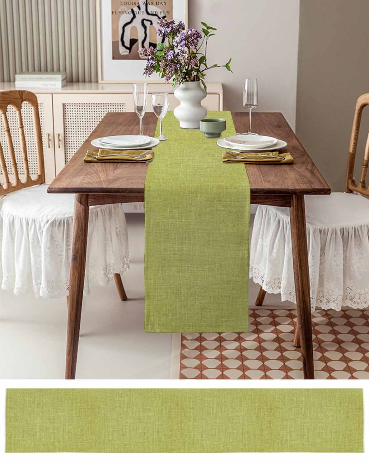 Table Runners 48 Inches Long Dress Scarves, Vintage Fruit Green Farmhouse Kitchen/Dining Table Runner, Short Coffee Tablerunners, Farmhouse Retro Solid Color Linen Texture 13x48 Inch
