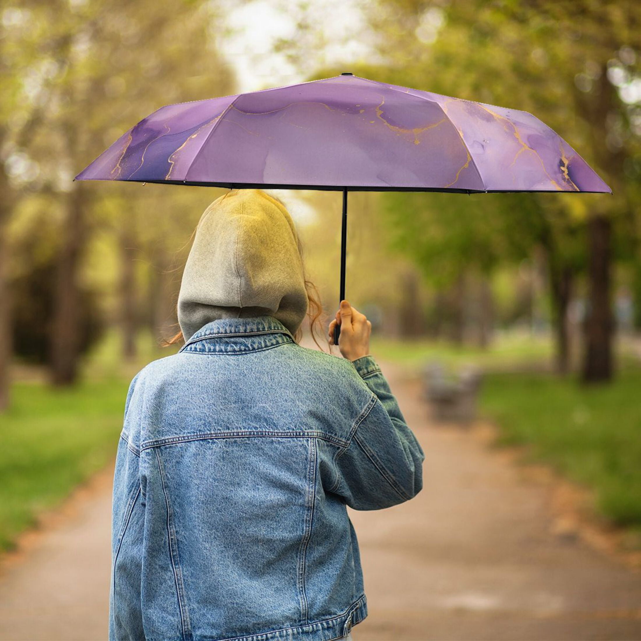 Lilac Purple Gold Marble Compact Sun Umbrella Windproof Travel Umbrellas for Rain Strong Portable UV Protection