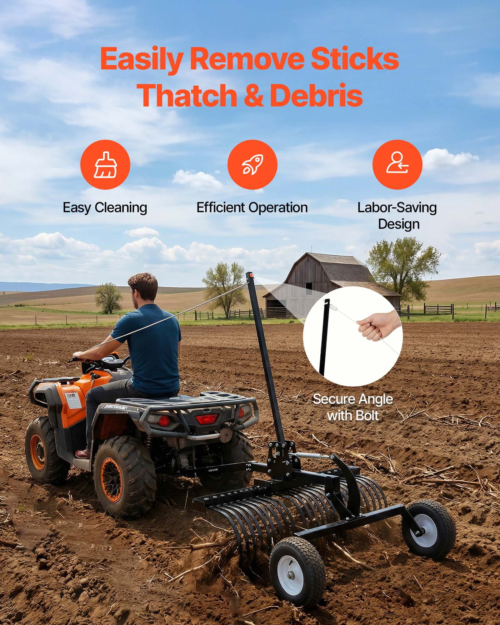 VEVOR 48in Landscape Rake, Pull Behind Lawn Rock Rakes for ATV Mower Tractors, 24 Durable Steel Tines, Adjustable Height & Angle, Heavy Duty Dethatcher Rake for Leaves Debris