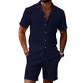 thumbnail image 2 of Men'S Camp Collar Jacquard Button Up Shirt and Drawstring Shorts Two Piece Outfit Navy Blue M, 2 of 9