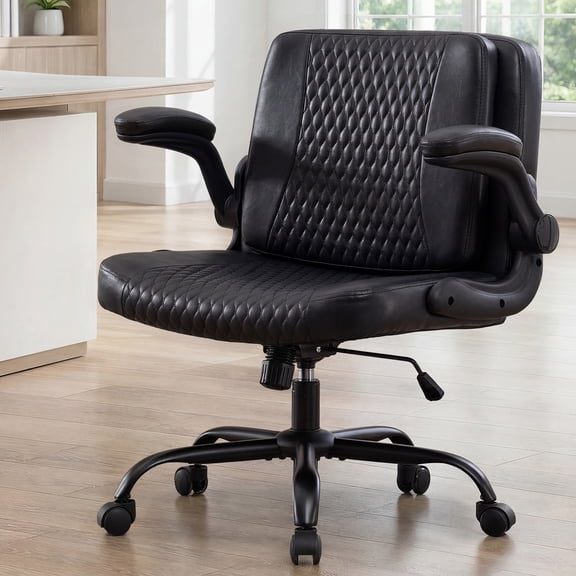 IPKIG Criss Cross Chair with Flip-Up Arms & Backrest, Ergonomic Cross-Legged Swivel Office Desk Chair, Adjustable Height, Black PU Leather