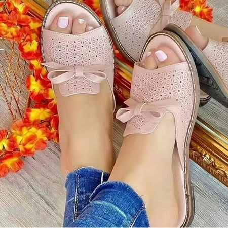 

BRISEZZS Womens Slide Sandals- Open Toe Beach Bowknot Hollow Casual New Style Summer Flat Slide Sandals #757 Pink-37