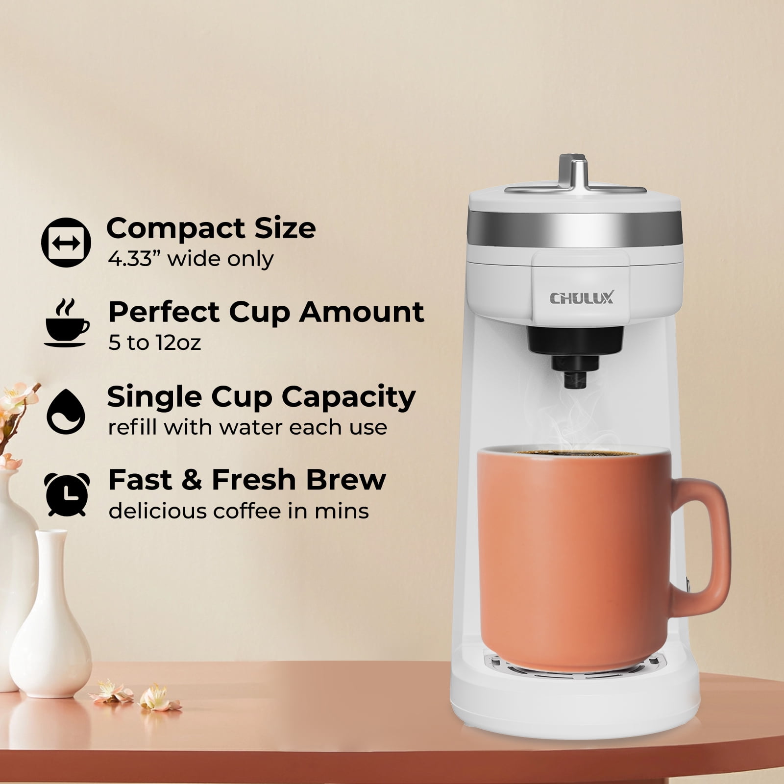 CHULUX Single Serve Coffee Maker, Compact Brewer for K Pods and