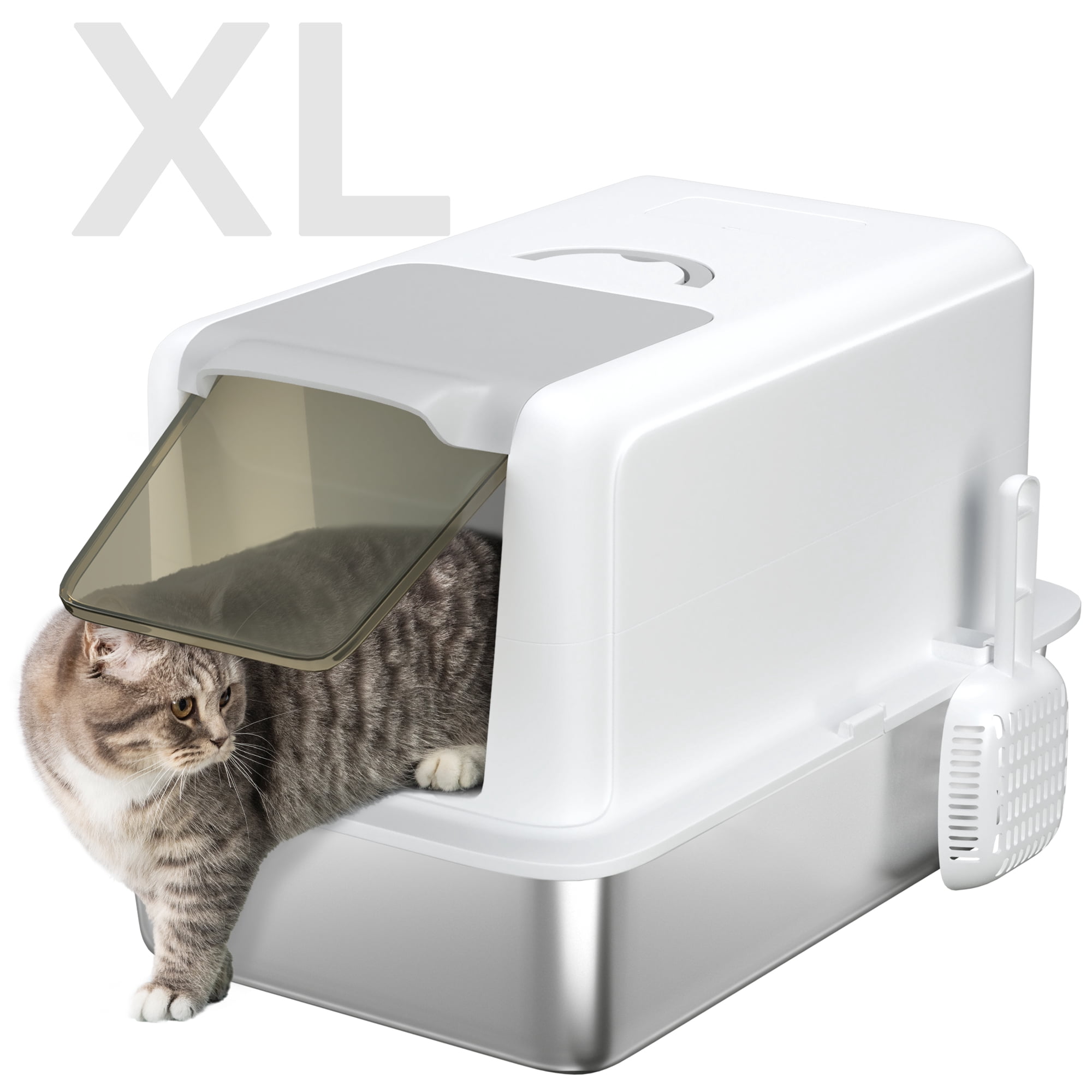 PawHut Stainless Steel Cat Litter Box, Extra Large 2 in 1 Kitty Litter Box with Removable Lid, Scoop, Filter Bags, for Small to Large Cats, White