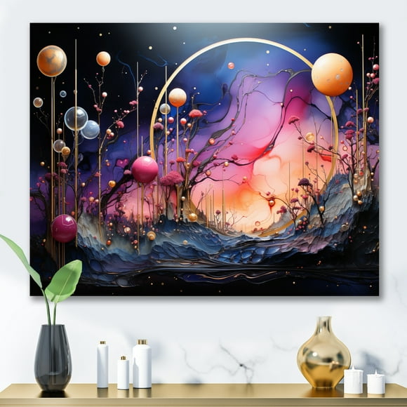 Designart Large Abstract Collages Wall Art, Cosmic composition I , Abstract collages Wall art decor, Pink Modern Canvas wall art, 44x34 inches