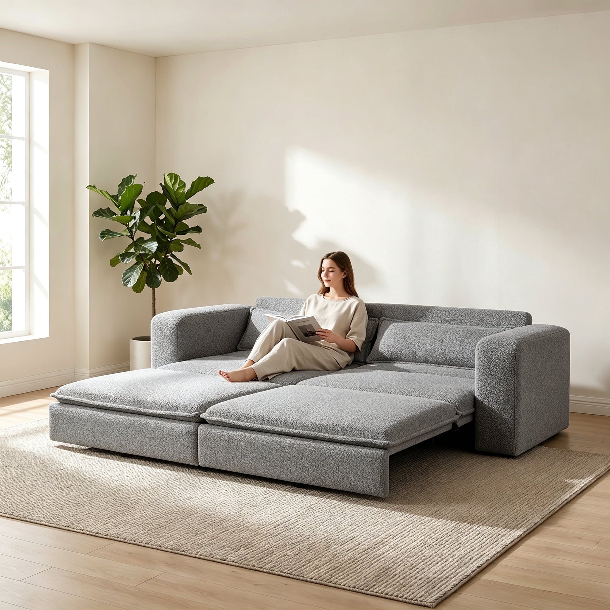 3-in-1 King Size Sleeper Sofa Bed, 93" Sherpa Fleece Pull Out Couch with Wide Armrests & Deep Seat, Modern Convertible Futon Lounge Sofa with 2 Pillows, Light Gray