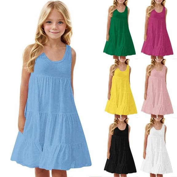 Mevxay Girls Sleeveless Spliced Beach Dresses Casual Crew Neck Summer Midi Dress for 6-16 Years Black