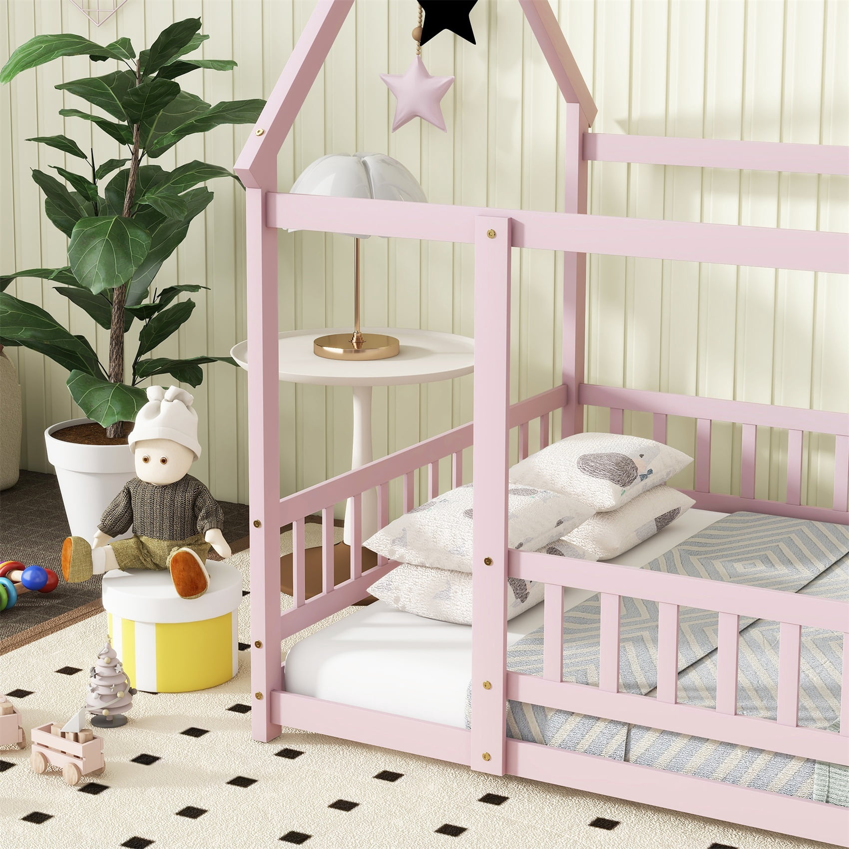 Alvantor Full Size Floor House Bed for Toddler, Solid Wood Bed Frame with Guardrails Pink