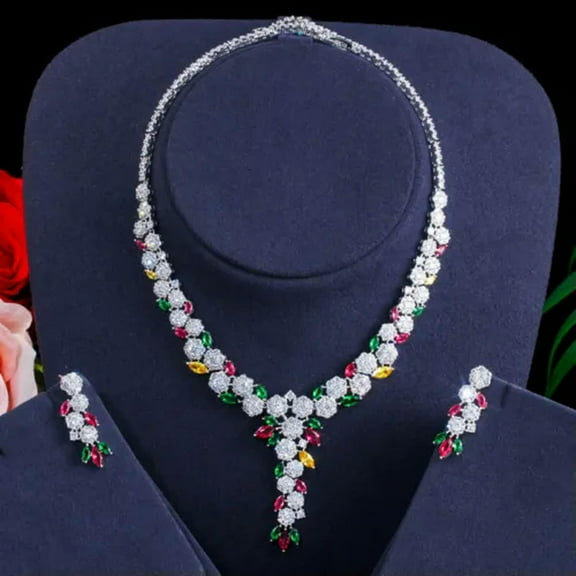 Silver Plated Cubic Zircon Round Leaf Necklace Earring Sparkling CZ Jewelry Set