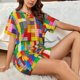 thumbnail image 4 of Fotbe Colorful Plastic Blocks Pattern Conjunto de Pijama Estampado para Mujer, 2 Piezas, Ropa de Dormir con Camiseta de Manga Corta y Shorts Suaves-X-Large, 4 of 6