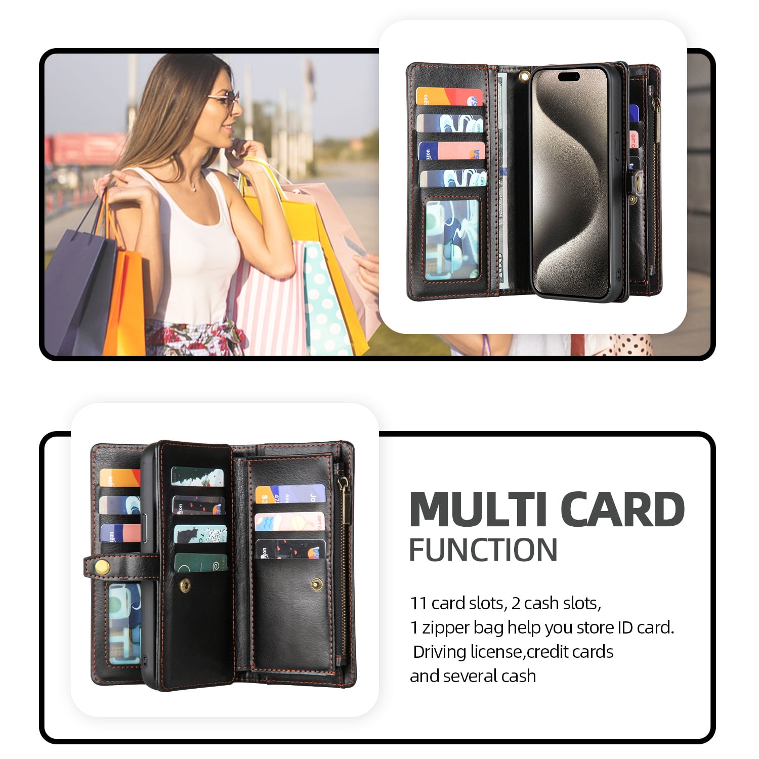 2 In 1 Wallet Phone Case for Apple iPhone 13 Pro Max, Detachable Magnetic Back Cover with Cards Holder Zipper Pocket Hand Wrist RFID Blocking Snap Closure Shockproof Case for iPhone 13 Pro Max, Black