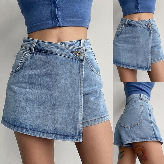 Trendfront Women's High Waisted Light Wash Denim Style Skort A-Line Skirt Shorts Casual Everyday Bottoms for Women