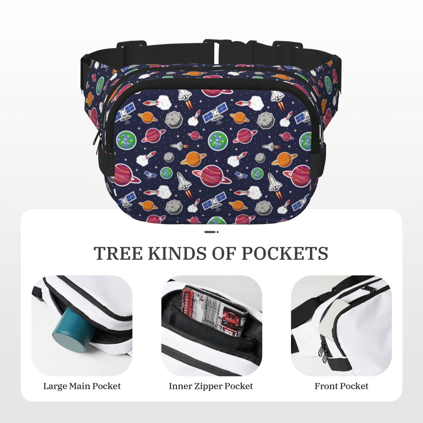 Picia Rocket Satellite Print Square Double-Layer Waist Bag Mini Adjustable Waist Belt Bag Exercise Running Travel Hiking