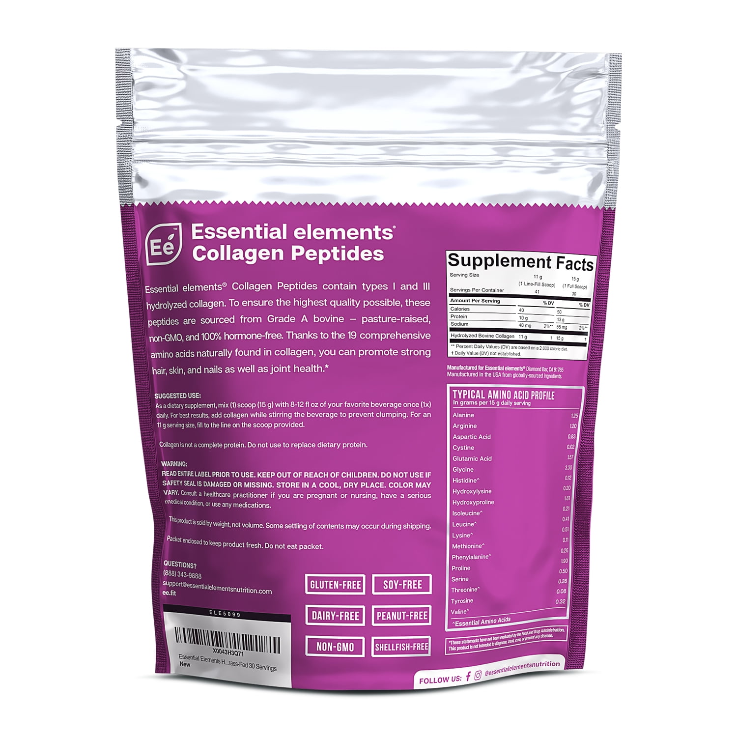 Essential Elements Hydrolyzed Collagen Peptides Powder - Supplement for Joint, Skin, Hair, & Nail Support Types I III Non-GMO, Hormone-Free, Grass-Fed 30 Servings