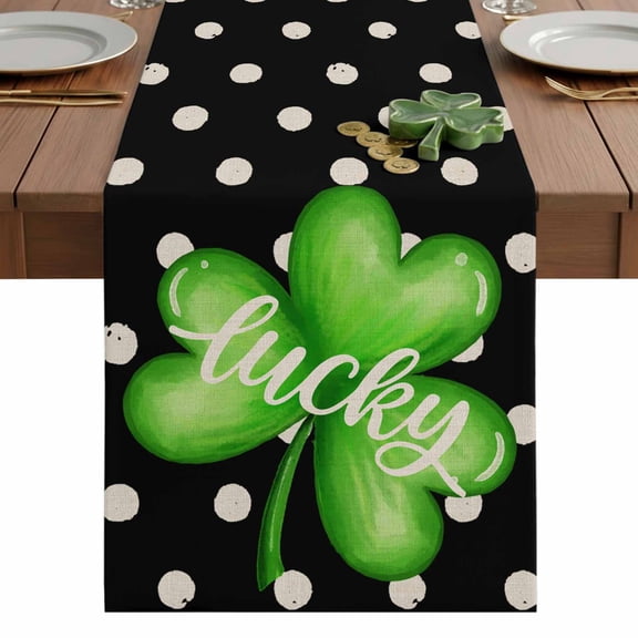 St. Patrick's Table Runner 13 x 48 Inch, Day Lucky Clover Dotted Black Linen Washable Cotton Linen Dining Table Runner Tabletop Decorations for Restaurant Home Kitchen Party