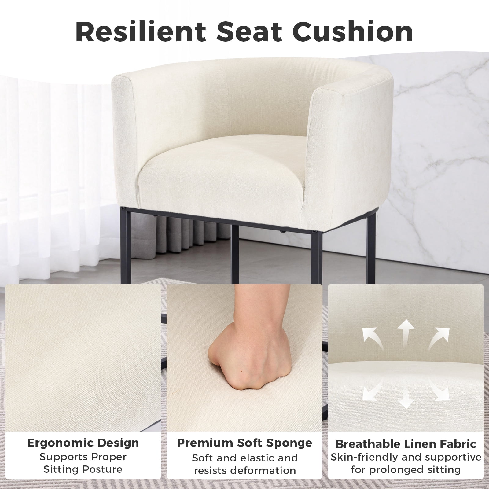 CONCETTA 27" H Barrel Bar Stool, Modern Counter Height Barstools with Linen Fabric Upholstered Seat, 350lbs Capacity Kitchen Island Chair, Bar Stools with Metal Sled Base and Footrest for Kitchen