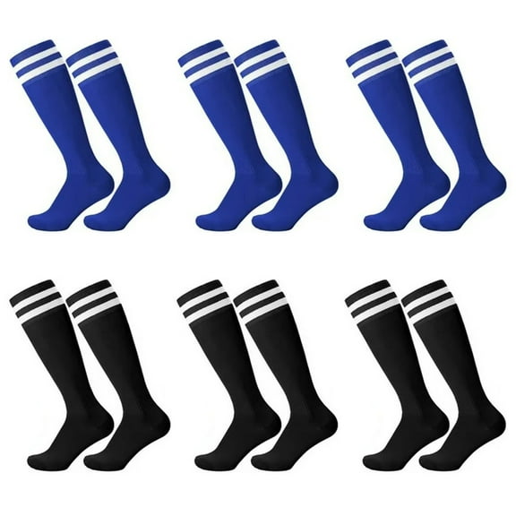 DIY.STORE 6 Pairs Kids Soccer Socks, Unisex Anti-Slip Towel Bottom Football Socks for Children Aged 6-12 Years (Blue, Black)