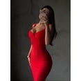 thumbnail image 5 of Red Womens Spaghetti Strap V-Neck Bodycon Midi Dress, Elegant Cocktail Party Gown, 5 of 8