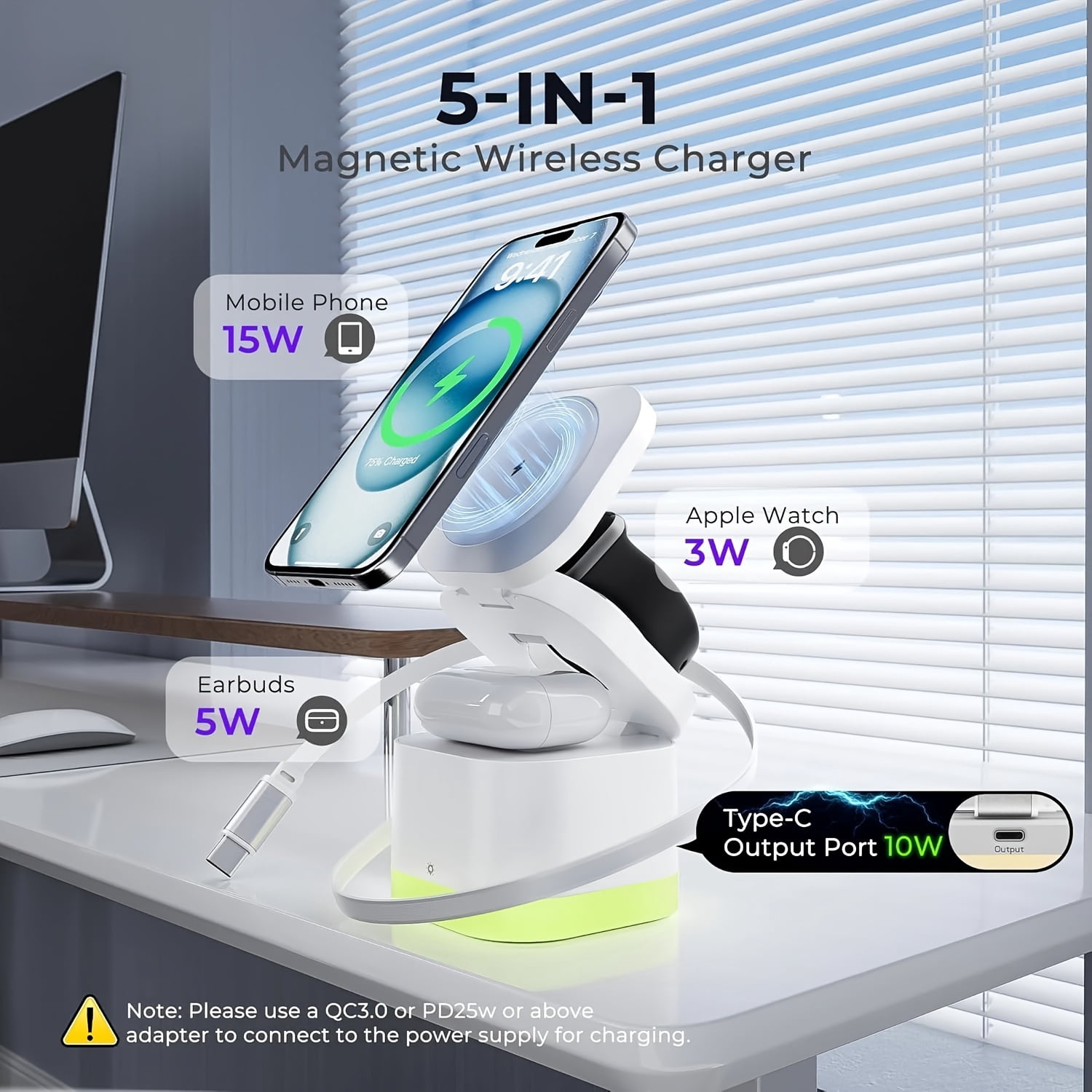Foldable 5-in-1 Magnetic Wireless Charging Station with RGB Light & Retractable Cable for iPhone 17-12, Apple Watch, Airpods