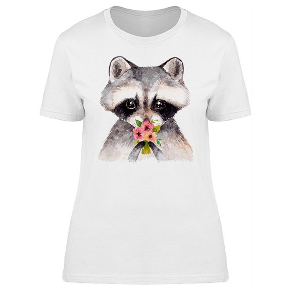 Raccoon Holding Tiny Flowers Tee Women's -Image by Shutterstock