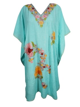 Mogul Women's Floral Embroidered Caftan Lounger Cover Up Blue Tunic DRESS XL