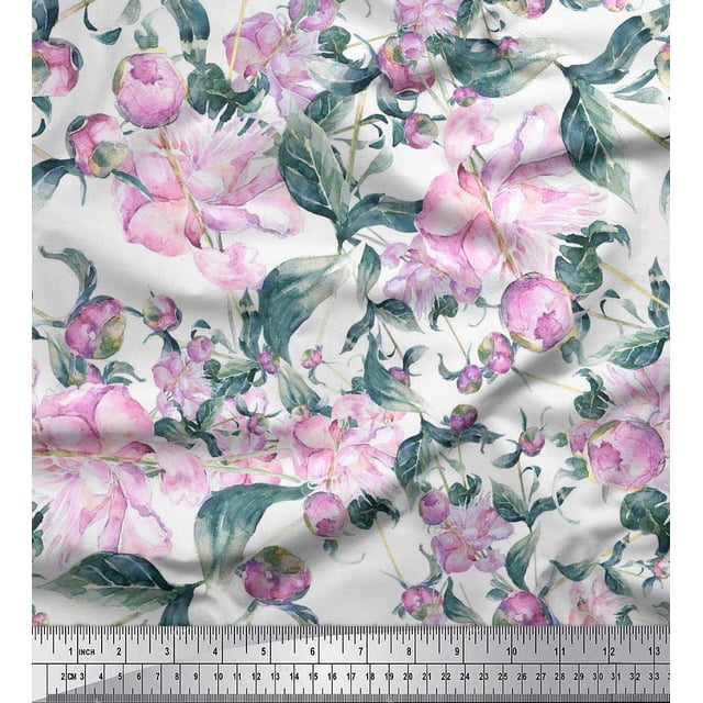 Soimoi Silk Fabric Leaves & Buds Flower Print Sewing Fabric Yard 42 Inch Wide