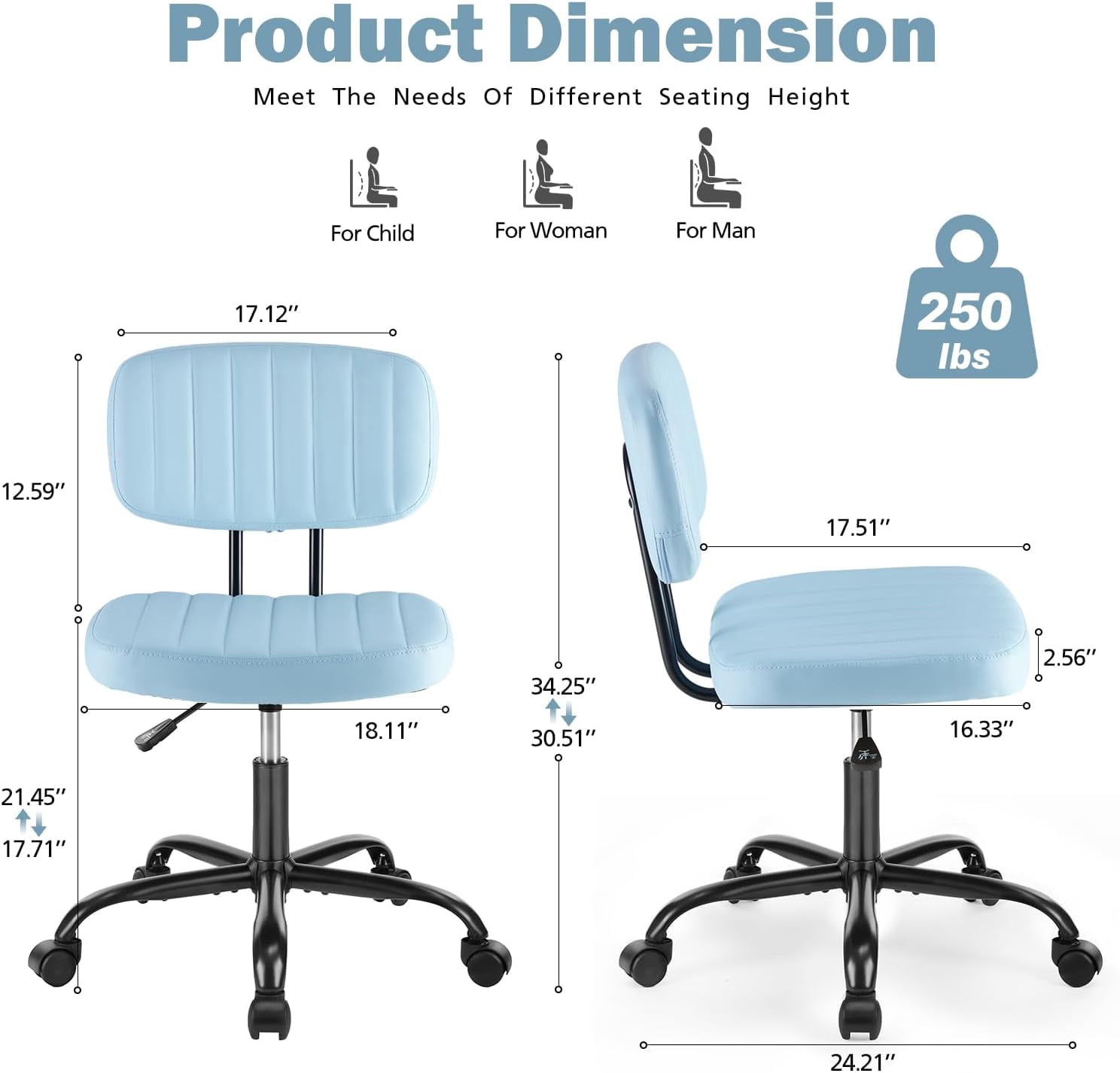 Betcozy Armless Rolling Office Chair, Compact Tufted Vanity Chair with Height Adjustment, Modern PU Leather Task Chair for Small Office, Blue