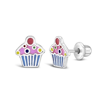 925 Sterling Silver Colorful Enamel Cupcake Screw Back Earrings for Young Girls
