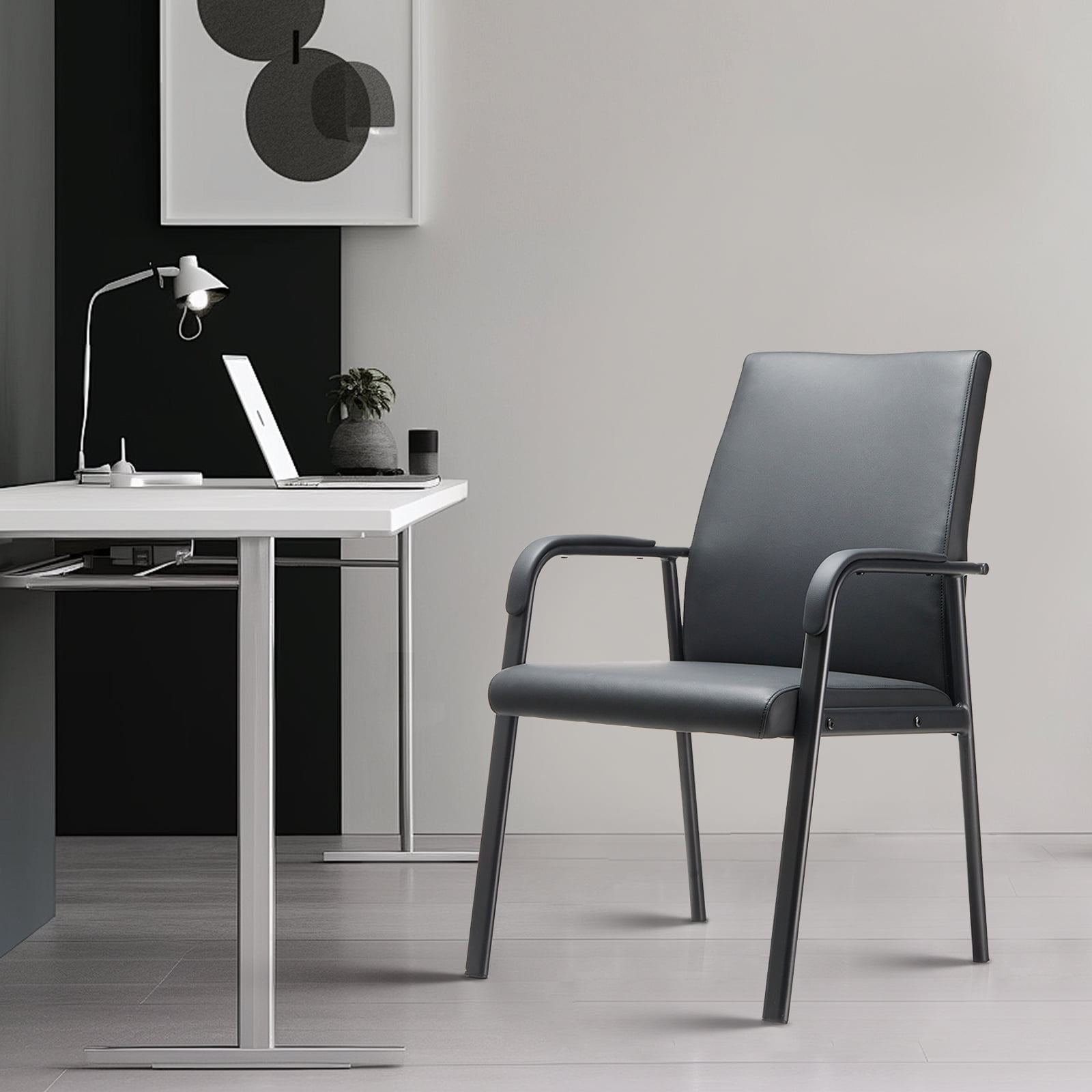 PU Leather Office Chairs Computer Desk Chair with Mid Back Padded Armrests No Wheels, Black