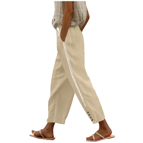 Oplxuo Lace Patchwork Linen Pants for Women Lightweight Summer Straight Leg Loose Elastic Waist Lounge Trousers with Pockets