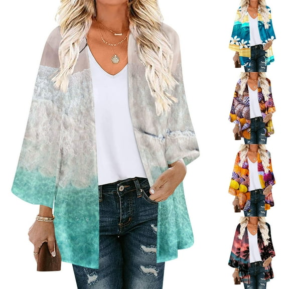 2024 Summer Savings Clearance AXXD Black Swimsuit Cover Up Women Kimono Cover up Floral Print Puff Sleeve Kimono Loose Chiffon Long Cover Up