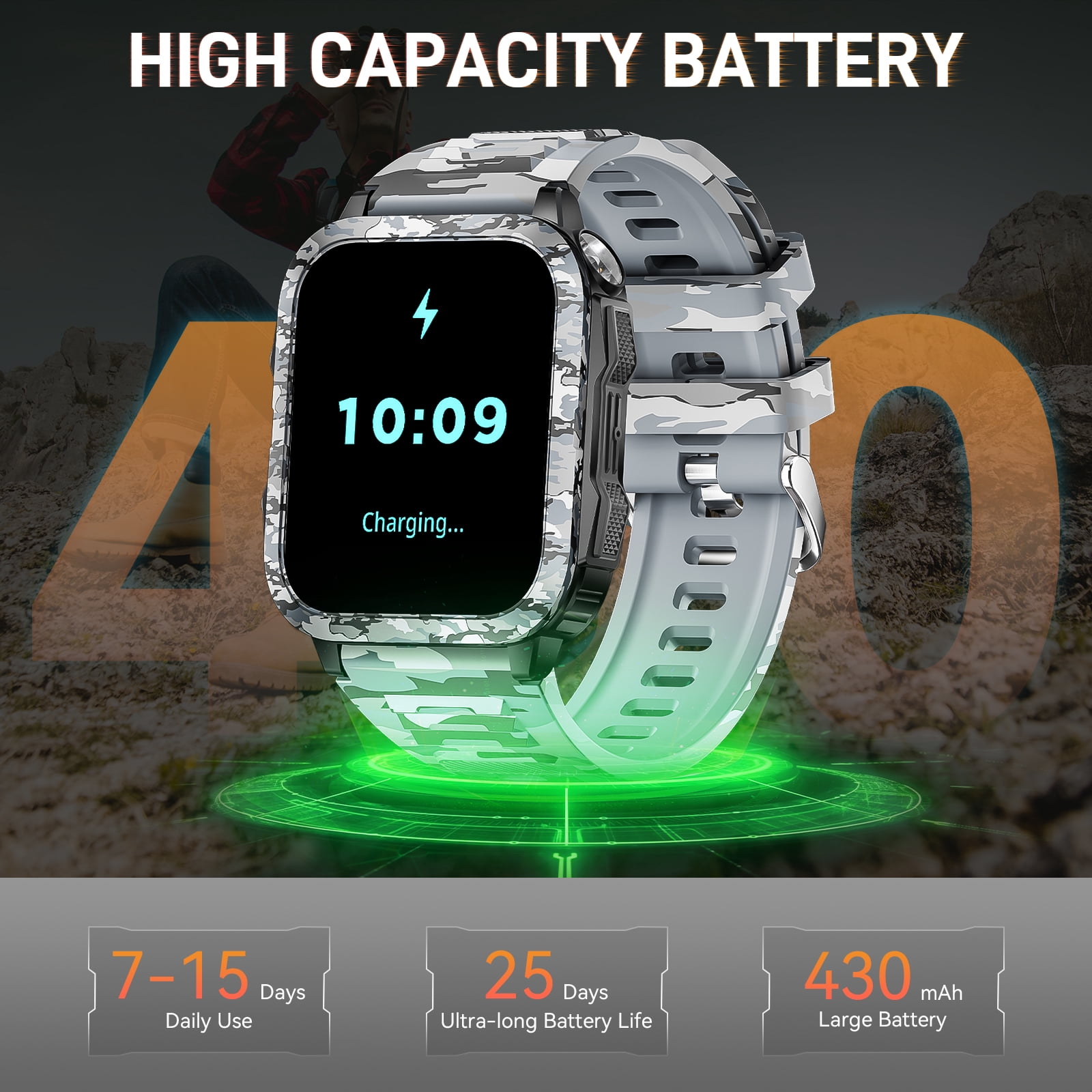 XAXRE KT79 Smart Watch for Men with 1.96" Big Screen LED Flashlight/UV Light 3ATM Waterproof Rugged Smartwatch with Text and Call for iOS Android, 1pc